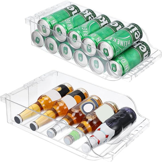2 Packs Clear Width Adjustable Soda Can Organizer for Refrigerator Expandable Soda Can Dispenser for Beer Soda Seltzer Pop Can Soda Expand Organizer for Fridge Kitchen Pantry
