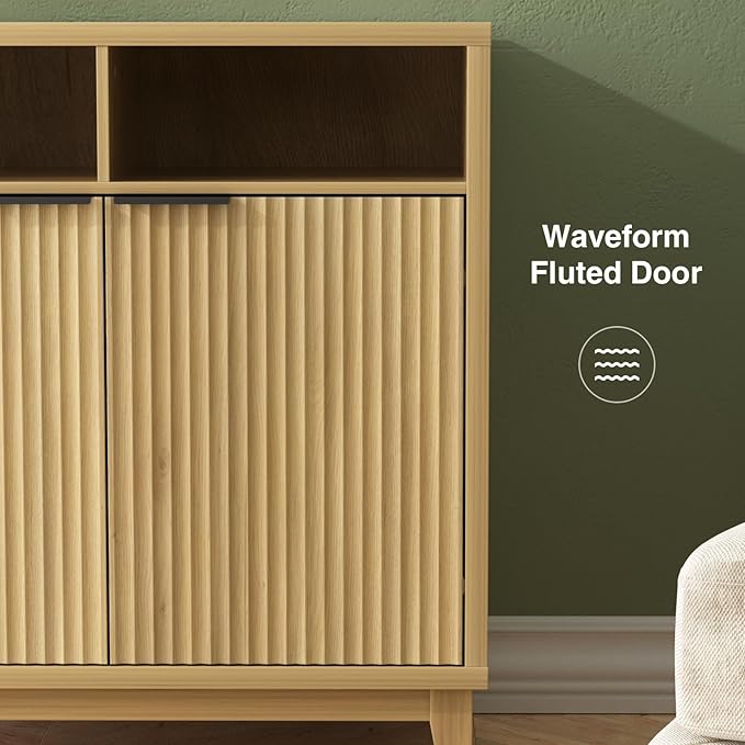 Buffet Cabinet with Storage - Elegant Fluted Storage Cabinet with Adjustable Shelves and Solid Wood Leg, Modern Buffet Sideboard for Living Room, Dining Room, Entryway-NeatNest