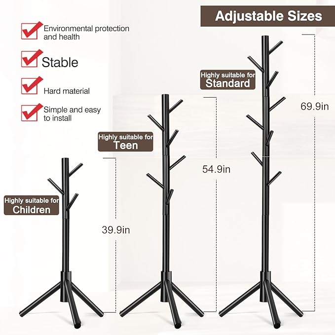 Coat Rack, Freestanding Coat Rack with 8 Hooks and 3 Adjustable Size Tree Coat Racks for Bedroom, Hallway, Entrance, Office, for Hats, Coats, Scarves, Handbags-NeatNest