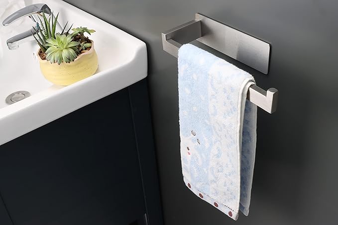 Hand Towel Holder, Strong Self Adhesive Hand Towel Ring, Thicken SUS304 Stainless Steel Hand Towel Bar/Rack, No Drilling Modern Hand Towel Hanger (Brushed Nickel, 9 in)