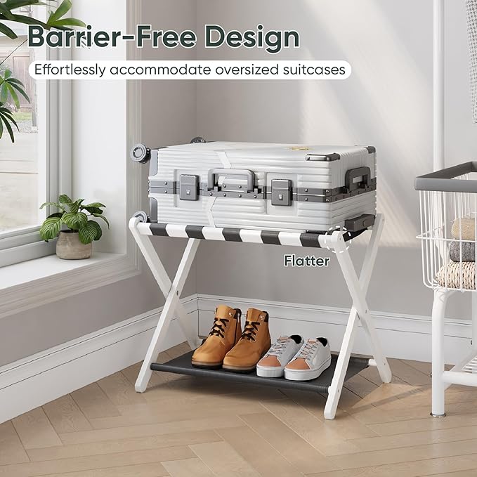 2 Pack Luggage Rack, Folding Luggage Rack for Guest Room, White Bamboo Suitcase Stand Holds up to 131 lb, Luggage Stand with Storage Shelf for Hotel, Bedroom
