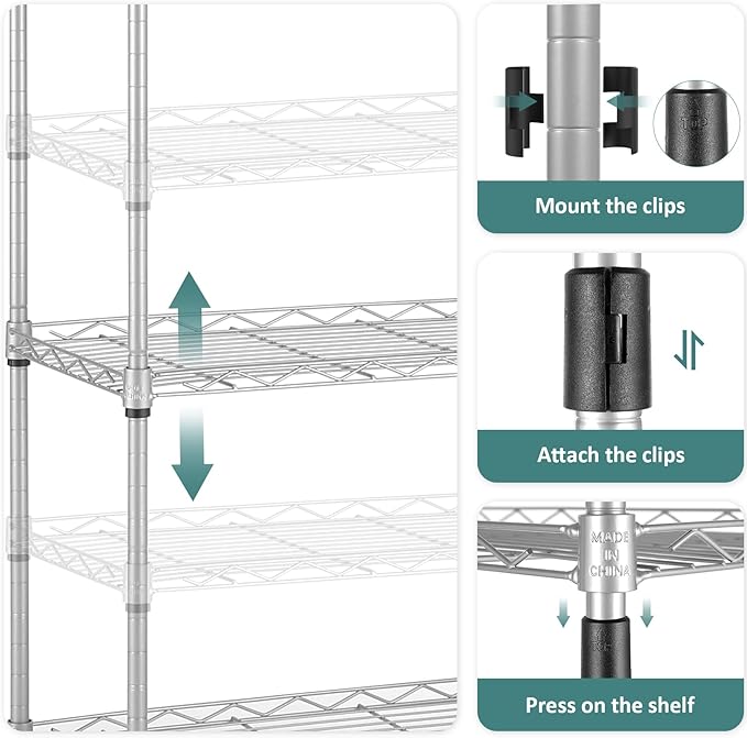 Homdox 6-Tier Storage Shelf Wire Shelving Unit Free Standing Rack Organization with Caster Wheels, Stainless Side Hooks, Silver Gray-NeatNest