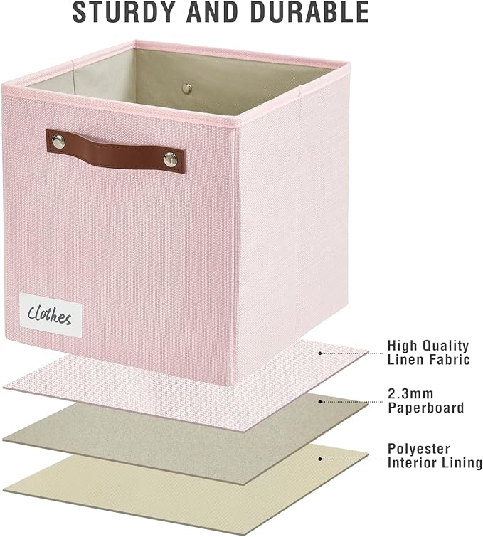 Collapsible Fabric Storage Cube Bins with 2 Reinforced PU Handles, Foldable Storage Organizer Baskets for Closet, Shelves, Living Room | 11"x11"x11", 4 Pack, Full Pink-NeatNest
