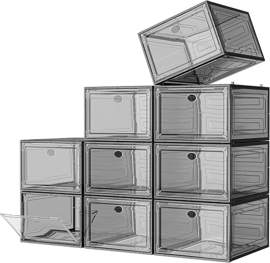 7 code Large Clear Shoe Boxes Organizer【Thicker Material】 Stronger Shoe Box with Magnetic Door, Stackable Shoe Storage Box for Closet, Foldable Space-Saving Storage Bins Shoe Cabinet, Black 9-Pack-NeatNest
