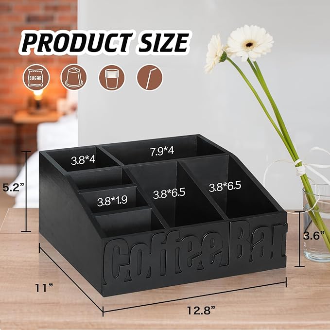 Coffee Bar Organizer for Accessories, Wood Station for Countertop, Farmhouse Pod Syrup Holder, Condiment Organizer for Decor (Black)-NeatNest