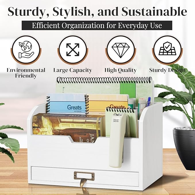 Flexzion 3 Tier Wooden Desk Organizer - Country Rustic Mail Organizer Countertop Compartments Slot File Tray Pencil Sorter Shelf Holder Accessories Set with Storage Drawer for Home Office, Beige Wood-NeatNest