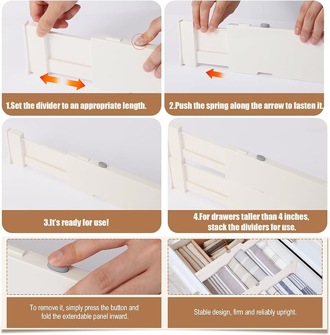 4 Pack 3.8" High Drawer Dividers, 11"-17" Expandable Drawer Organizer For Clothes, Dresser Drawer Organizer, Drawer Separators for Baby Clothes, Vanity, Kitchen and Office Storage, Warm White-NeatNest