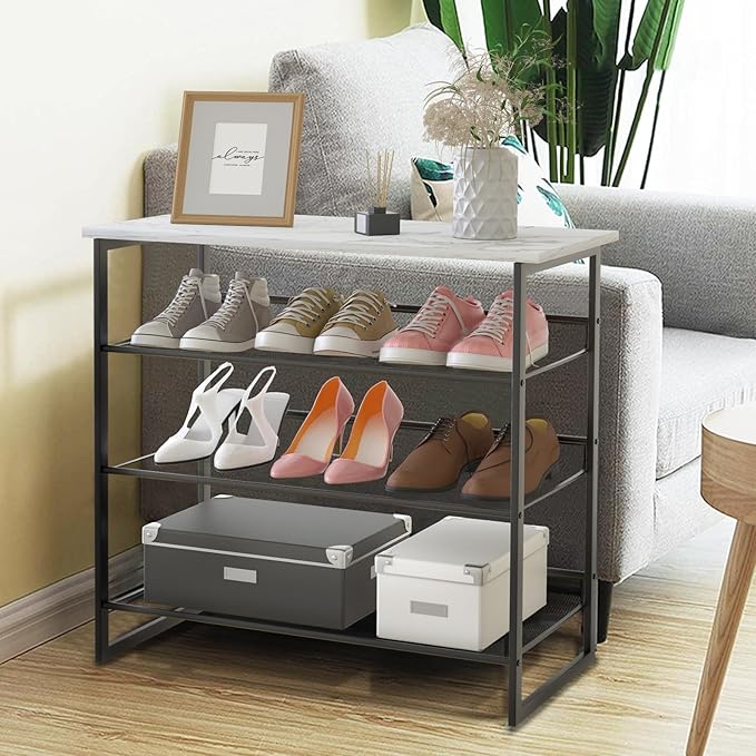 Garden 4 you 4 Tiers White Marble Shoe Rack,Freestanding Organizer Multi-Purpose Adjustable Flat and Slant Storage Rack Shoe Shelf, High Heels Potted Plant for Entryway Hallway Living Room Closet-NeatNest