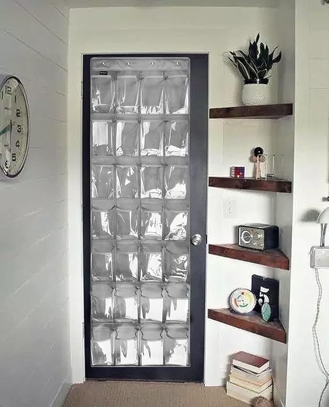 28 Large 1 Pack Transparent Pockets Over The Door Shoe Organizer Sturdy Hanging Shoe Rack for Door Closet Sneakers or Accessories, 4 hooks（Grey）-NeatNest