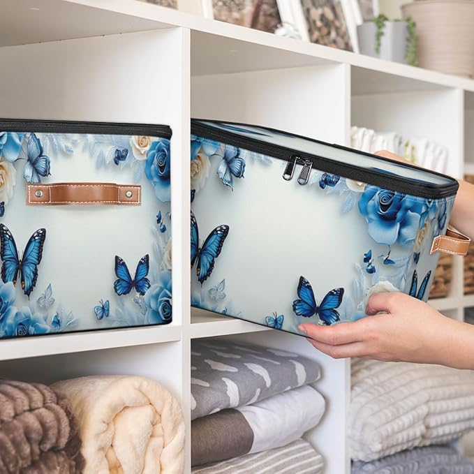 Butterfly Storage Bins with Zipper Lid, Blue Rose Lidded Storage Baskets Boxes Foldable Organizer with Leather Handles for Clothes Closet Shelf Toys-NeatNest
