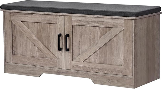 2-Tier Storage Bench, Shoe Bench with Padded Seat Cushion, Entryway Bench with 2 Barn Doors, Adjustable Shelf, 13.8" D x 39.4" W x 17.7" H, for Entryway, Living Room, Bedroom, Greige-NeatNest
