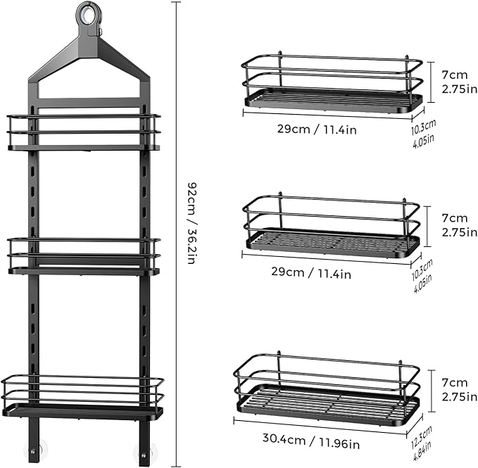 ODesign 3 Tier Height-Adjustable Shower Caddy Hanging Hanger Anti-Swing-Over The Shower Head Caddy-Shower Storage Organizer Bathroom Shelves Basket Shower Caddies-Black,11.9" x 4.84" x 36.2"