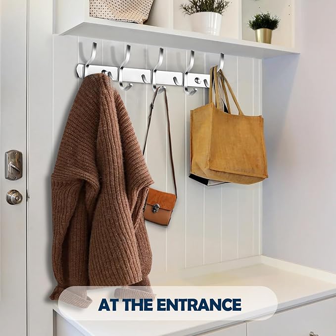 2 Pack Thickened 304 Stainless Steel Coat Hooks - 16 Inches 5 Two-Hooks Coat Rack Wall Mounted, Rustproof Heavy Duty Coat Rack Wall Mount, Brushed Nickel Coat Hooks, Holding up to 44 lbs, Silver