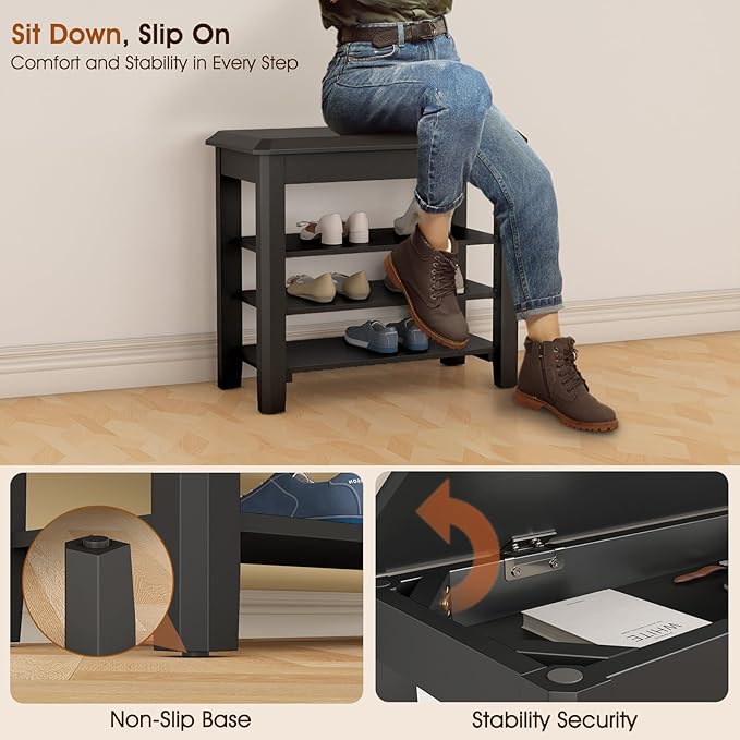 Shoe Rack Bench Seat Rubberwood 3-Tier Wooden Storage Bench 550lbs Compact Mid-Century Modern Design for Entryway, Hallway, Closet, Front Door Entrance, Foyer-NeatNest