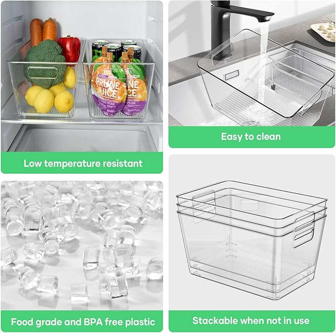 6 Pack Clear Plastic Storage Bins, 11" Large Pantry Organizer Bins with Handles, Plastic Containers for Refrigerator,BPA-Free Perfect for Kitchen,Fridge,Cabinet,Pantry,Bathroom,Closet Organization-NeatNest