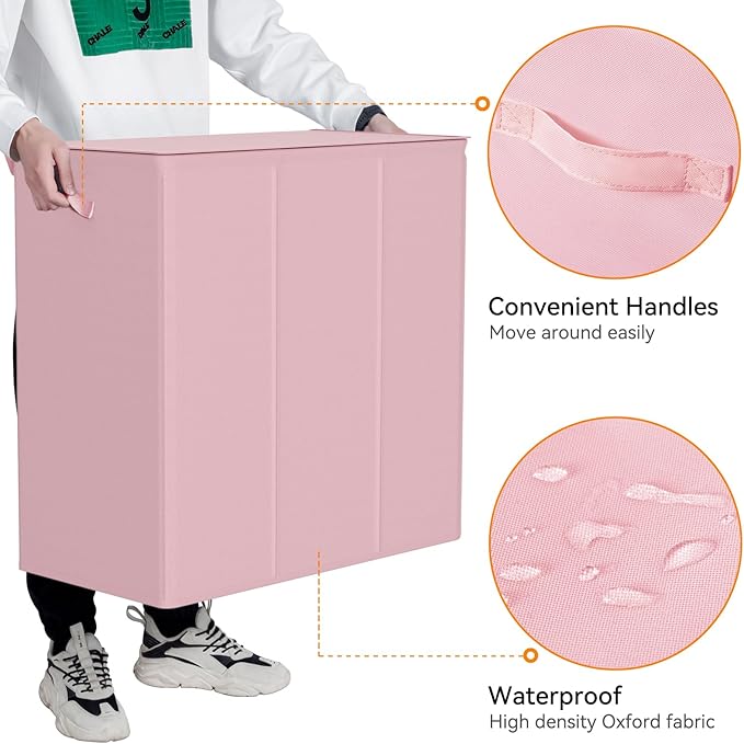 WOWLIVE 180L Laundry Hamper with Lid 3 Section,Large Laundry Basket with Removable Bags and Handles,Collapsible Dirty Clothes Hampers for Laundry,Laundry Basket Organizer for Laundry Room,Dorm,Pink-NeatNest