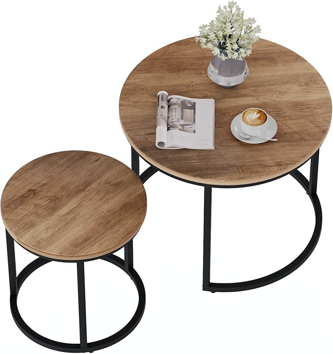 Smuxee Nesting Coffee Table Set of 2, 23.6" Round Coffee Table Wood Grain Top with Adjustable Non-Slip Feet, Industrial End Table Side Tables for Living Room Bedroom Balcony Yard