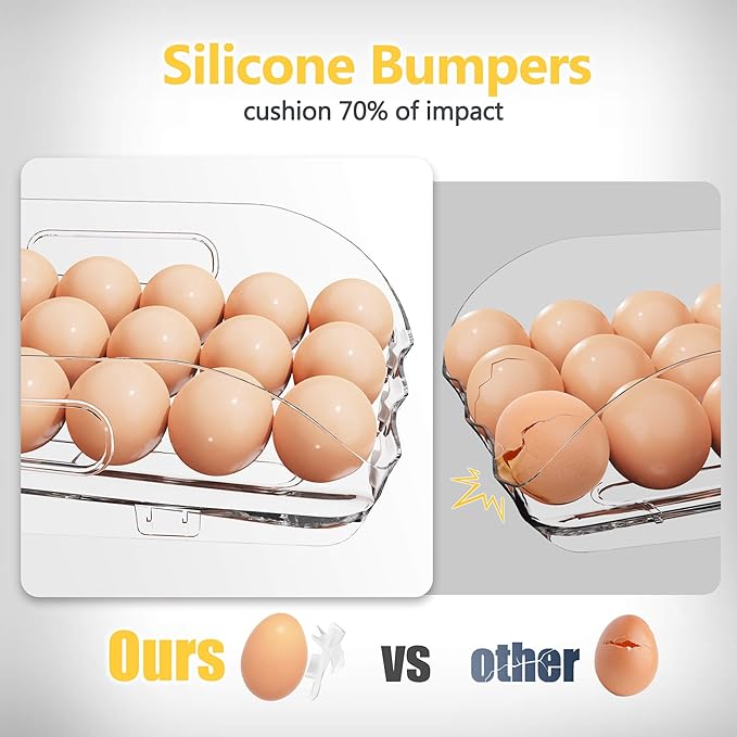 Egg Holder for Fridge, Automatic Steady Rolling Egg Container with Soft Bumpers & Handle for Refrigerator, Stackable Fridge Organizers and Storage with Lid