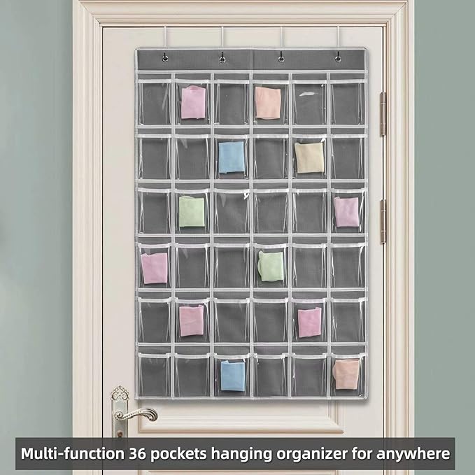 36 Clear Pockets Classroom Pocket Chart for Cell Phones and Calculator Holder, Pocket Chart for Classroom Phone Holder with Number Stickers and Hooks (Grey)-NeatNest