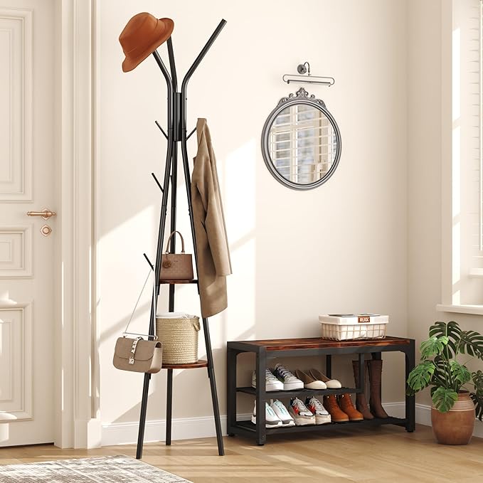 HOMEFORT Coat Rack, Coat Hanger Stand with 2 Shelves, Freestanding Hall Tree, Metal Hat Hanger with 12 Hooks for Clothes Hats and Scarves, Black and Rustic Brown,15.7" Wx15.7 Dx72.8H-NeatNest