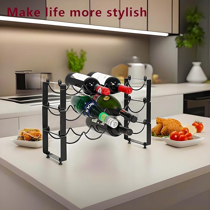 3 Tiered 12-Bottle Metal Wine Rack - Sturdy Wave Design with Reinforced Base | Stackable, Space-Saving Bar, Countertop, or Cabinet Storage (3)