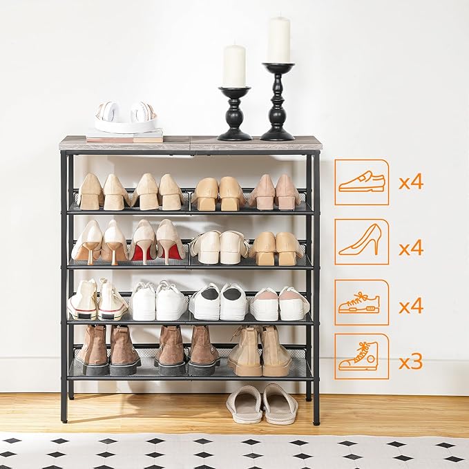 HOOBRO Shoe Rack for Entryway, 5-Tier Shoe Organizer with Adjustable Mesh Shelves, 16-20 Pairs of Shoes, Spacious Floor Mount, Metal, Industrial, Shoe Shelf for Closet, Greige BG12XJ01-NeatNest
