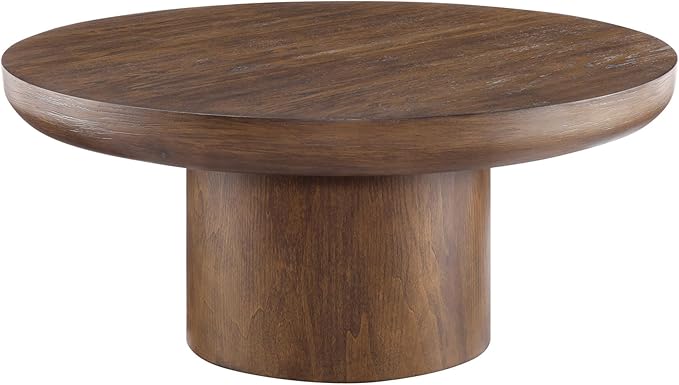kevinplus 35.98'' Round Coffee Table Circle Wood Coffee Table for Living Room, Modern Retro Style Pedestal Style, Easy Assembly, Dark Brown (ø35.98'' x 15.98'')