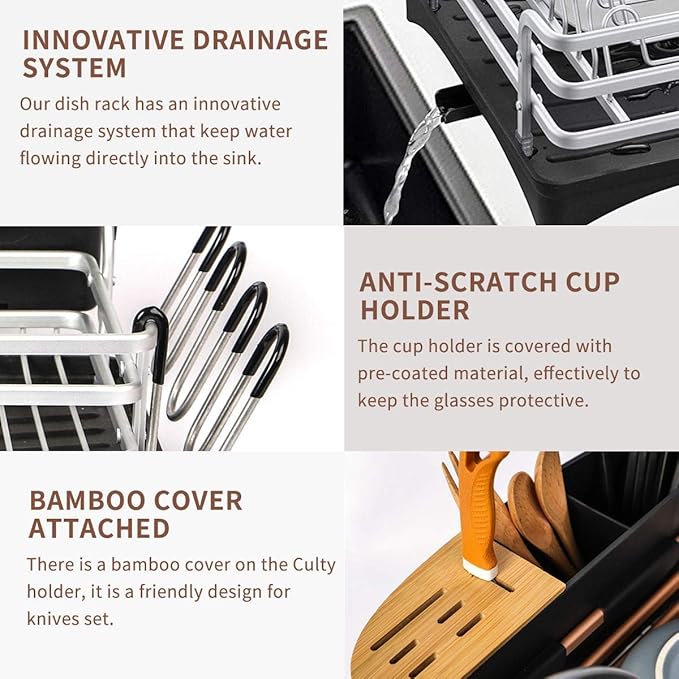 BRIAN & DANY Aluminum Dish Drying Rack, Dish Racks for Kitchen Counter, Dish Drainer with Removable Cutlery Holder & Cup Holder, Unique 360° Swivel Spout Drainboard, 16.5" L x 11.8" W, Silver