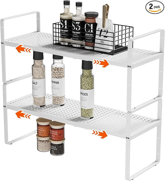 2Pack 16.5-27’’L Expandable Cabinet Countertop Shelf Organizer, Stackable Metal Shelves, Kitchen Organizers and Storage, White Storage Spice Rack for Pantry and Cupboard-NeatNest