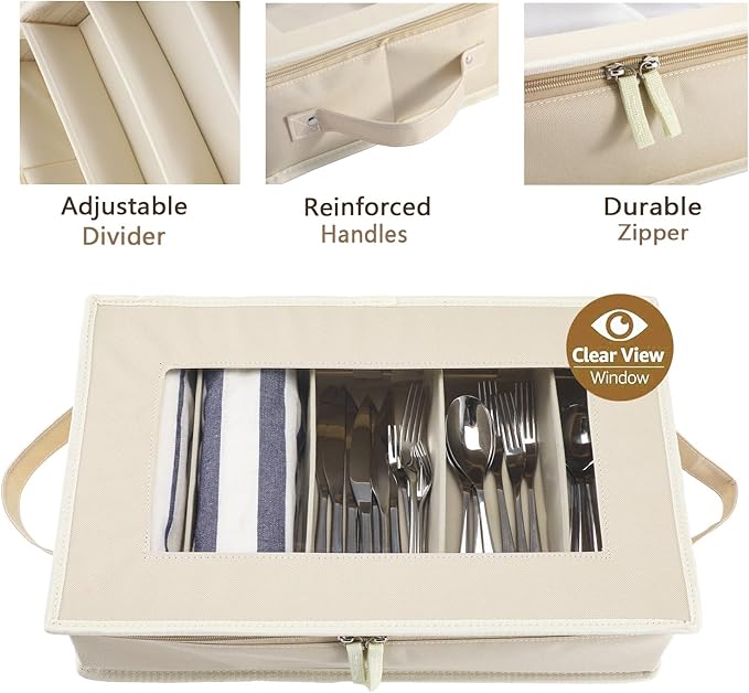 Flatware Utensil Storage Case, Beige Silverware Storage Box Chest with Adjustable Dividers, Removable Cutlery Storage Holder with Zipper Lid for Organizing Spoon/Flatware/Knives-NeatNest