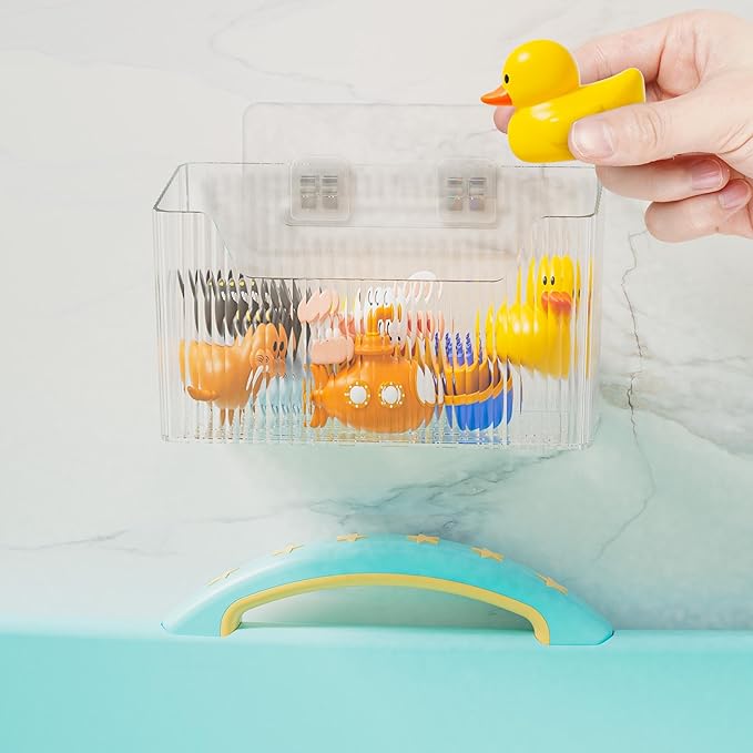 Set Of 2 Storage Organizer Bins Wall Mounted Shower Basket, Shower Caddy Stackable Clear Plastic Makeup Organizer Adhesive Hanging Bin for Bathroom, Kitchen, Cabinet, Pantry, BPA Free, Large, Clear-NeatNest