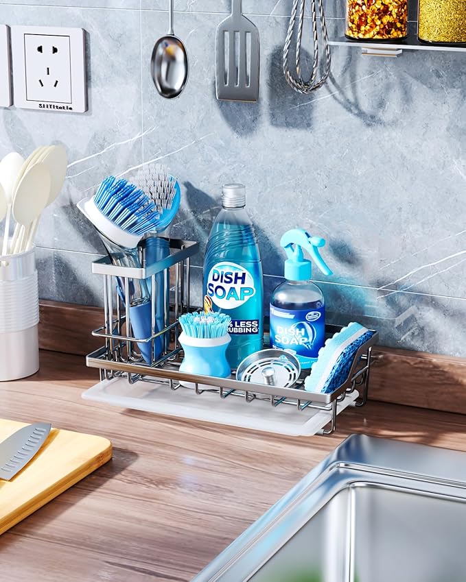 Consumest Sink Caddy, Kitchen Sponge Holder with Dish Brush Holder, Kitchen Sink Organizer with Drip Tray for Countertop Stainless Steel Rustproof, Silver-Large-NeatNest