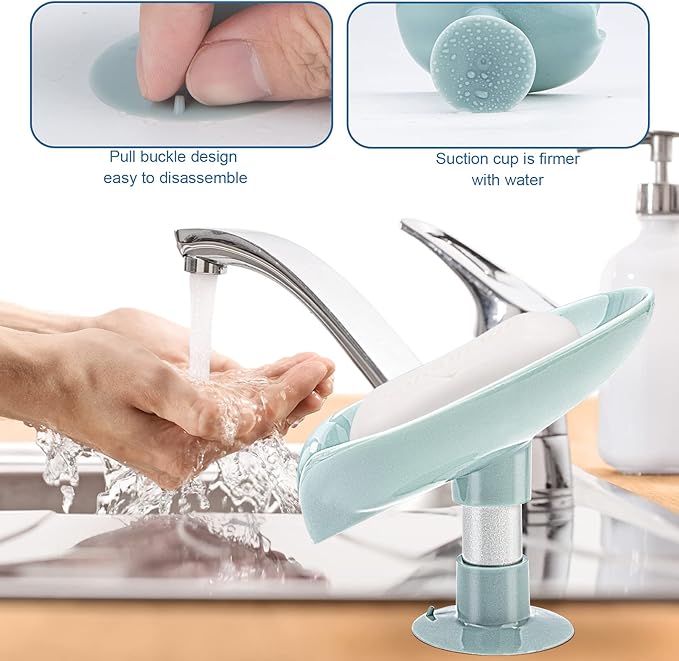 2Pack Soap Holder Leaf-Shape - Self Draining Soap Dish Holder, Not Punched Easy Clean Bar Soap Holder, with Suction Cup Soap Dish Suitable for Shower, Bathroom, Kitchen Sink (Grey + Green)-NeatNest