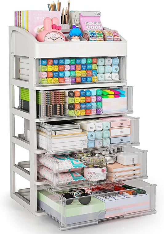 Desk Organizer with Drawers, 5 Drawers Storage Organizer, Desktop Storage Drawers for Office Supplies, Plastic Stationary Organizer, Makeup Organizer, Desk Storage Box for Office, School, Home-NeatNest