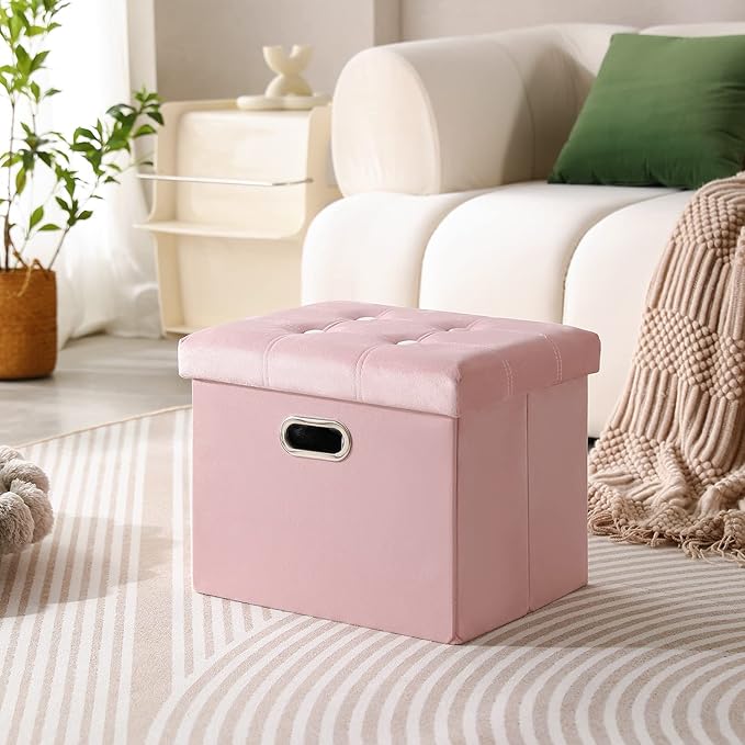 PRANDOM Ottoman with Storage [1-Pack] Velvet Folding Small Square Foot Stool with Lid for Living Room Bedroom Coffee Table Dorm Pink 17x13x13 inches-NeatNest