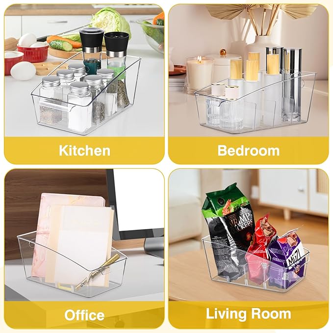6 Pack Clear Pantry Organizer Storage Bins Removable Snack Organizer Plastic Cabinet Organizers Racks with 3 Dividers, Refrigerator Bins Kitchen Storage-NeatNest