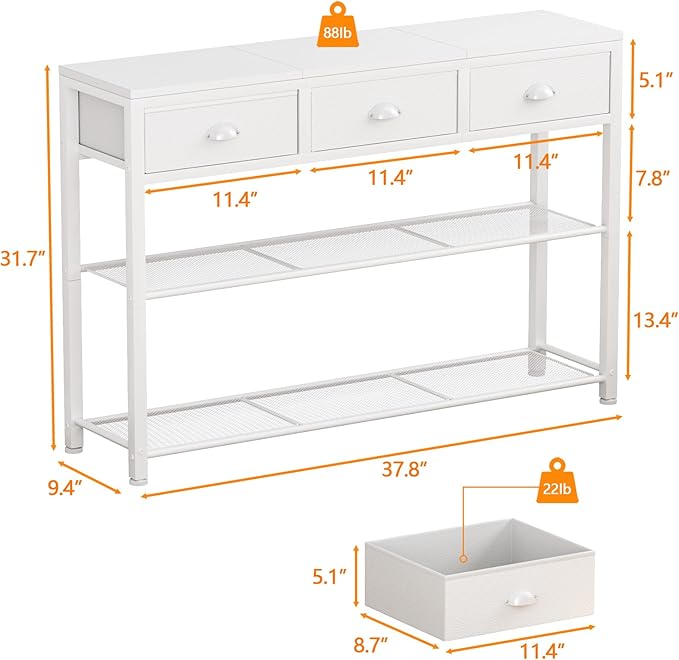 Furologee White Entryway Table, 38'' Console Sofa Table with 3 Fabric Drawers, Industrial Entry Way Table with Storage Shelves, Display Shelf for Living Room, Hallway, Entrance, Foyer-NeatNest
