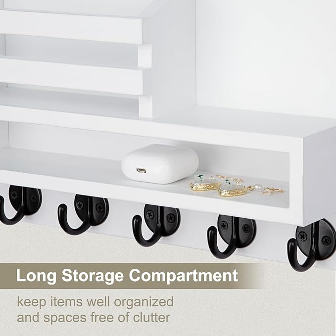 Key and Mail Holder Wall Mount, Key Hanger with Long Storage Box and 5 Hooks for Coat, Dog Leash, Home Decor Rack, House Accessories, Entry Way Organizer 11.8”W x 7.8”H x 3.2”D