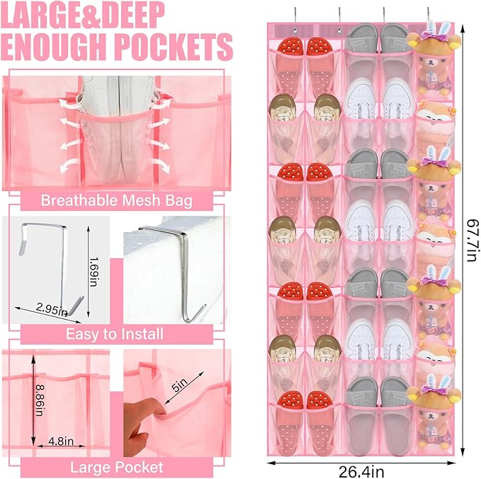 Windyun 2 Pcs 70 Large over The Door Shoe Organizer Hanging Shoe Rack for Closet Holder Pink Mesh Pockets Back to School Behind Door Hanger Storage Nonslip for Home Room School Dorm, Each 35 Pockets-NeatNest
