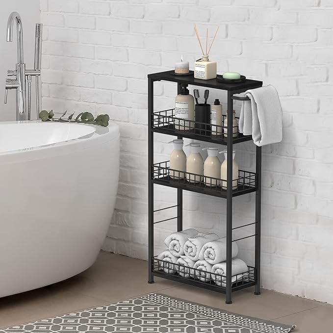 Slim Storage Cart 4 Tier Rolling Kitchen Cart Utility Serving Cart Laundry Room Narrow Cart with Handle Mobile Sheving Unit Organizer Wood Rolling Storage Cart for Bathroom Small Spaces, Modern Black-NeatNest