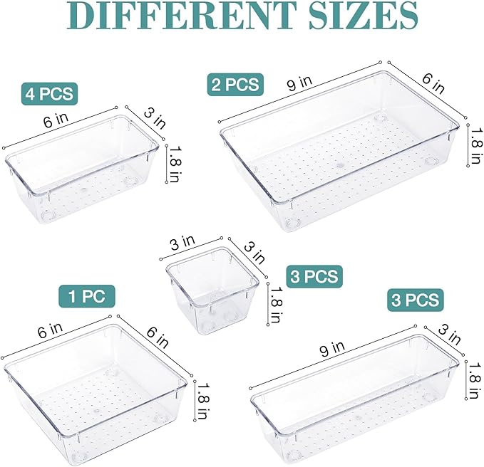 13 PCS Drawer Organizer Set, 5 Varied Size Bathroom and kitchen Drawer cabinet organizer Trays, Clear Storage Bins for Makeup, Jewelry, Utensils and Gadgets-NeatNest