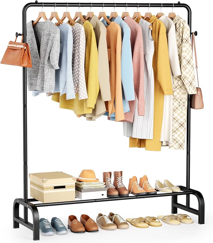 Clothes Rack With Storage Shelves: Metal Clothing Rack for Hanging Clothes, Garment Rack for Bedroom, Laundry, Living Room, Black-NeatNest