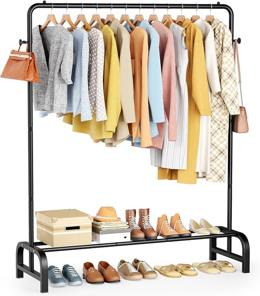 Clothes Rack With Storage Shelves: Metal Clothing Rack for Hanging Clothes, Garment Rack for Bedroom, Laundry, Living Room, Black-NeatNest