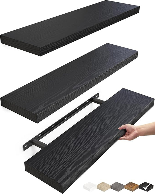 BAYKA Floating Shelves for Wall, 22.5 inches Wall Mounted Rustic Wood Shelves for Bathroom, Bedroom, Living Room, Floating Shelves for Books/Storage/Decor (Black,Set of 3)-NeatNest