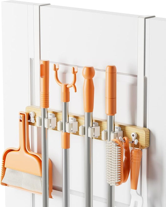 Mop and Broom Holder Wall Mount, No Drill Over the Door Broom and Mop Holder with 4 Slots and 2 Hooks, Wood Tool Hanger for Laundry, Cabinet, Kitchen, Garage