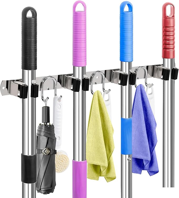 Mop Broom Holder Wall Mount, Silver Stainless Steel Tool Storage Organizer for Kitchen Garden Garage Laundry Room Bathroom and RV with 4 Slots 6 Hooks-NeatNest