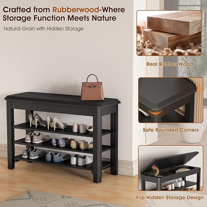 Shoe Rack Bench Seat Rubberwood 3-Tier Wooden Storage Bench 550lbs Compact Mid-Century Modern Design for Entryway, Hallway, Closet, Front Door Entrance, Foyer-NeatNest