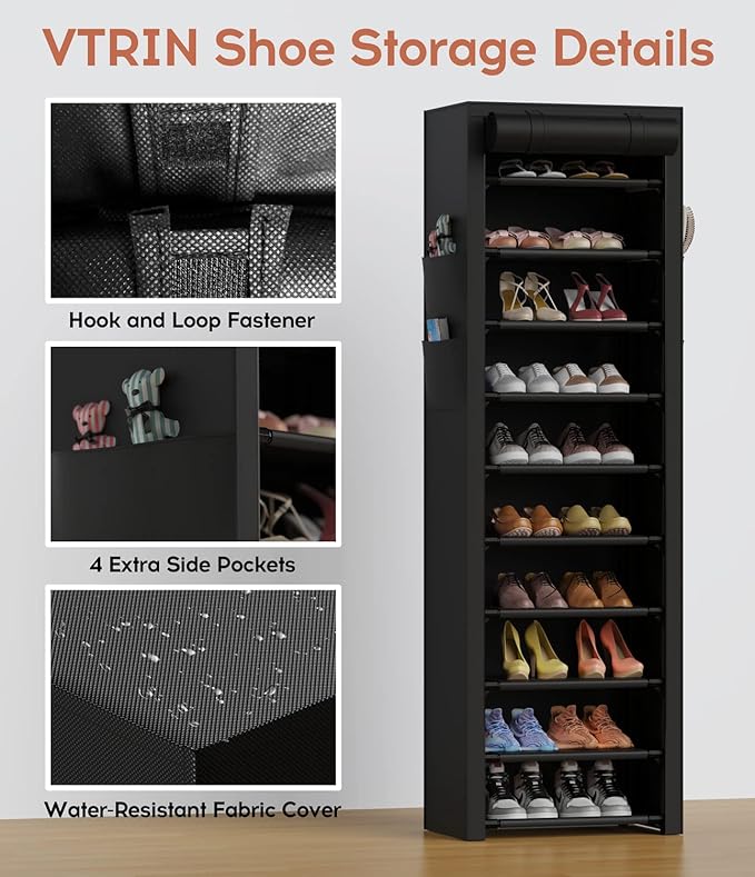 VTRIN Vertical Narrow Shoe Rack Organizer Tall Shoe Rack for Closet Entryway 10 Tier Non-Woven Cover Shoe Shelf Holds 20-22 Pairs Free Standing Shoe Storage Cabinet with Dustproof Cover, Black-NeatNest