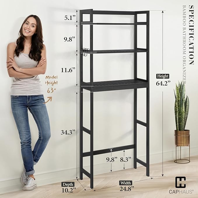 CAPHAUS Over The Toilet Storage Shelf,3-Tier Over-The-Toilet Shelf Rack with Adjustable Feet & Hooks, Freestanding Bamboo Toilet Shelf, Bathroom & Laundry Organizer, Balcony Plant Stand, Black-NeatNest