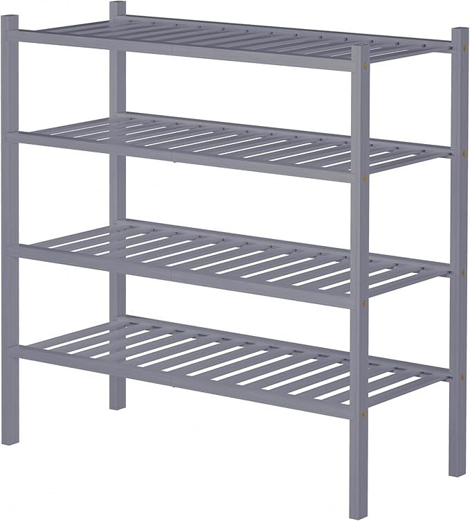 4 Tier Bamboo Shoe Rack for Closet Free Standing Wood Shoe Shelf for Entryway Small Space Stackable 27"x11"x26" (Grey)-NeatNest